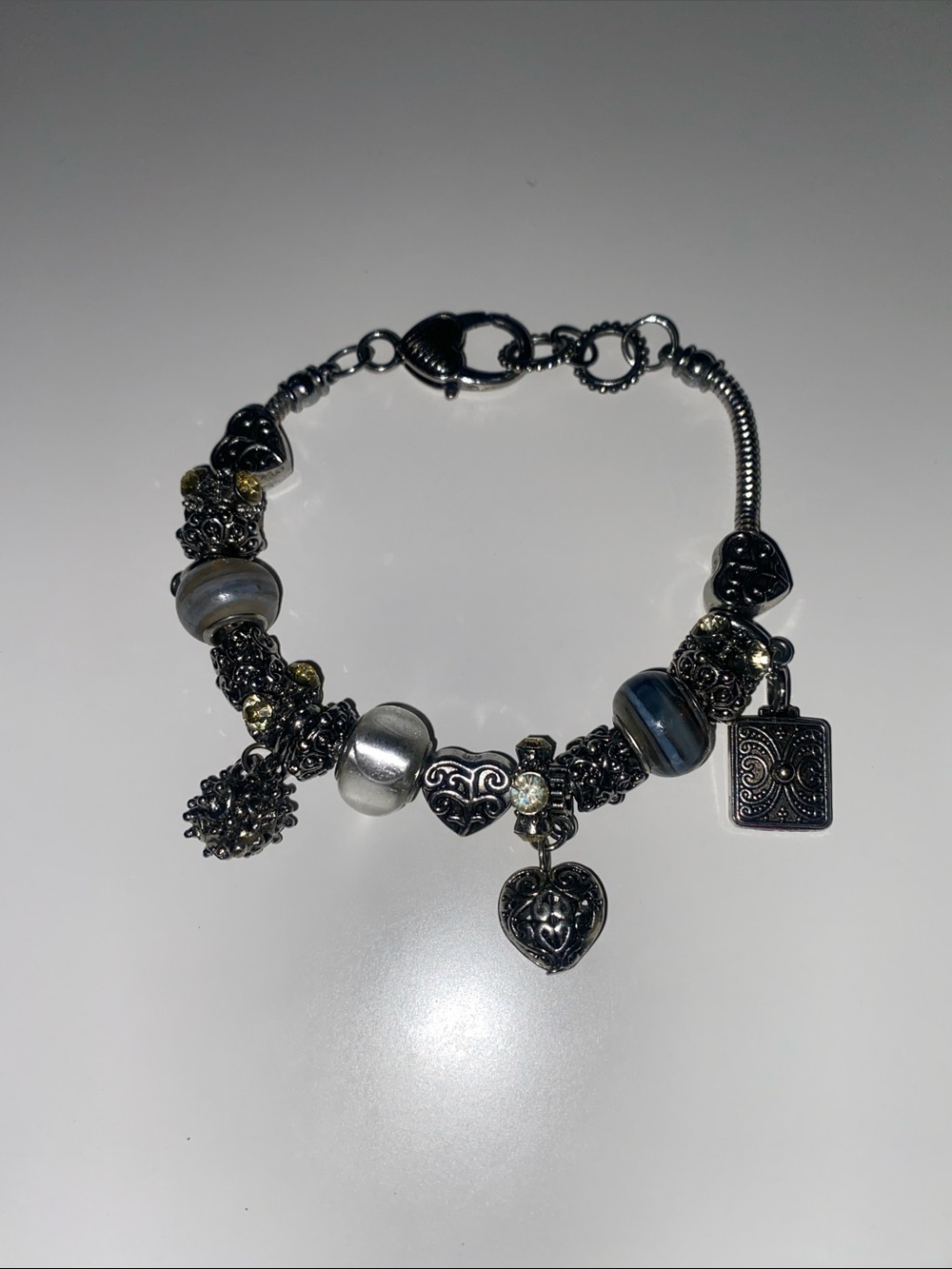 Sterling-Tone Heart Charm Bead Bracelet in Silver